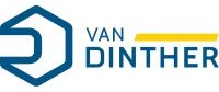 Logo für Van Dinther mit einem blauen sechseckigen Design auf der linken Seite und den Worten „Van Dinther“ in blauer Schrift mit einer gelben Linie über „Dinther“ auf der rechten Seite, subtil inspiriert von der Präzisions- und Designphilosophie von Melktechnik.