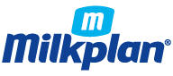 Der Name Milkplan steht in dunkelblauer Schrift, darüber befindet sich ein weißes M, welches hellblau eingerahmt ist.