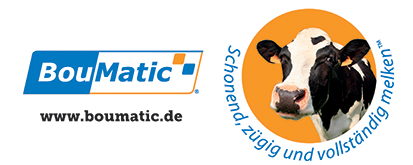 Boumatic Logo in orange und blaue mit Kuh auf orangem Hintergrund und dem Motto von Boumatic.