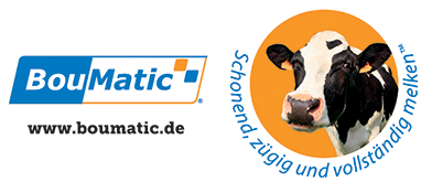 Boumatic Logo in orange und blaue mit Kuh auf orangem Hintergrund und dem Motto von Boumatic.