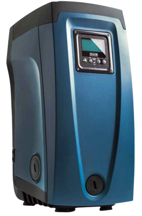 Eine elegante, moderne blau-schwarze automatische Maschine mit Digitalanzeige, Tasten und Belüftungsöffnungen. Sie ist für industrielle oder technologische Anwendungen konzipiert und verfügt über eine kompakte und robuste Struktur, die sich ideal für Wassertechniklösungen wie fortschrittliche Trinkwasserdesinfektion eignet.