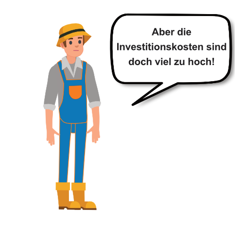 Der Landwirt mit der orange-blauen Latzhose steht mit seinen Gummistiefeln und sagt etwas in einer Sprechblase.